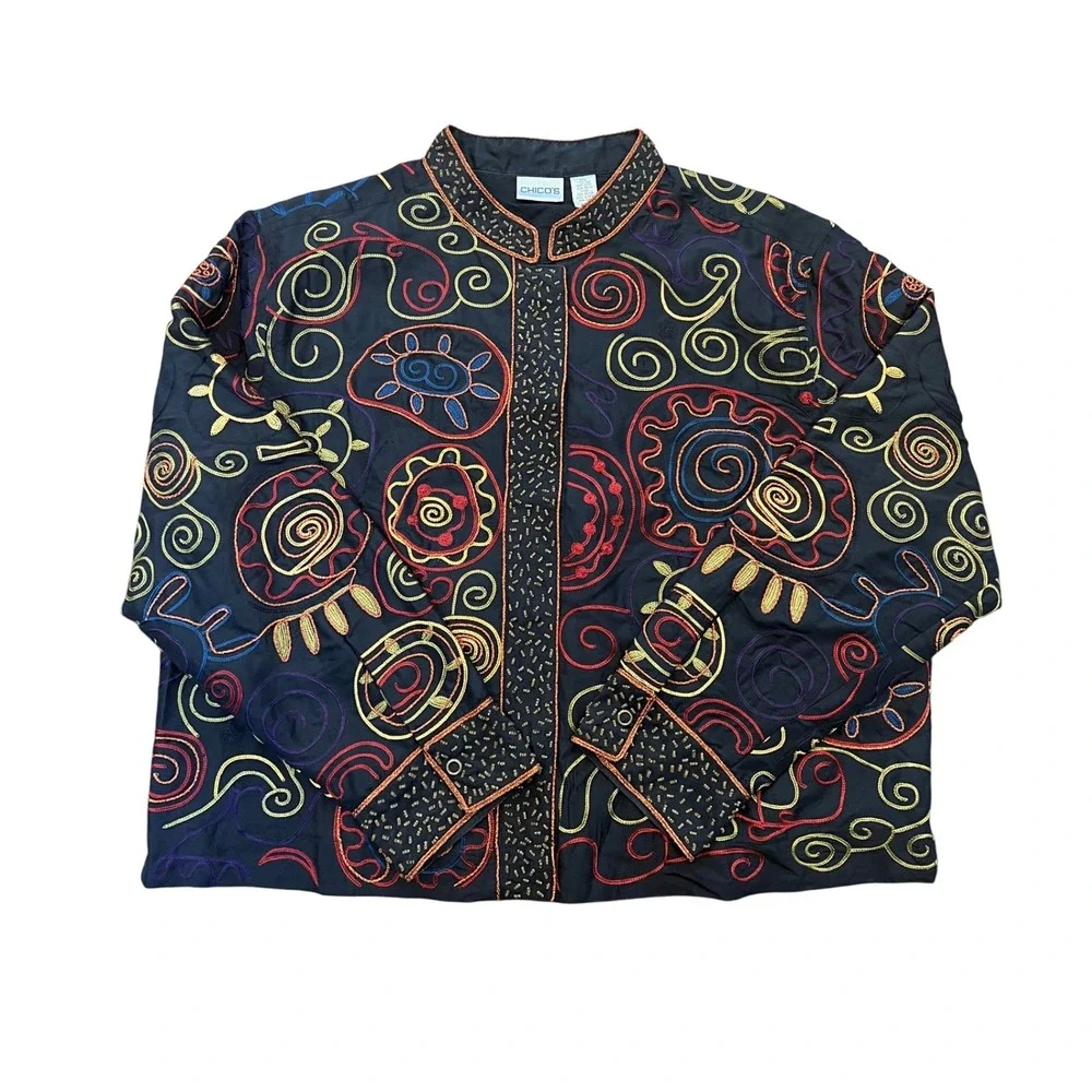 Chicos Black Embroidered Silk Jacket Women Size 8 Ornate Swirls Beaded‎ Collar